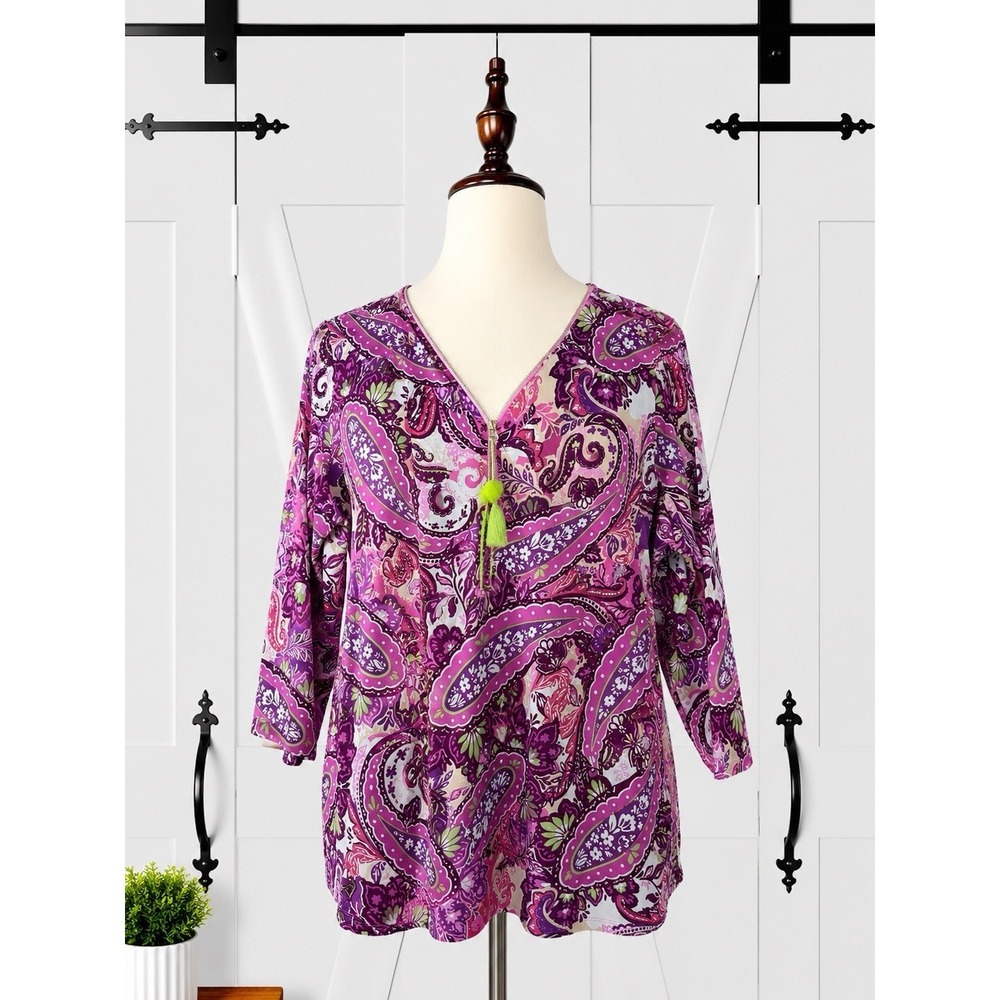Belle by Kim Gravel Pink Paisley Top‎ Luxe Knit 1/4 Zip Pullover Tassel Size L